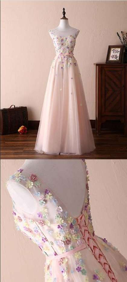 Sweet 16 Dresses | A Pink Tulle Long Senior Prom Dress With 3d Flower Appliques