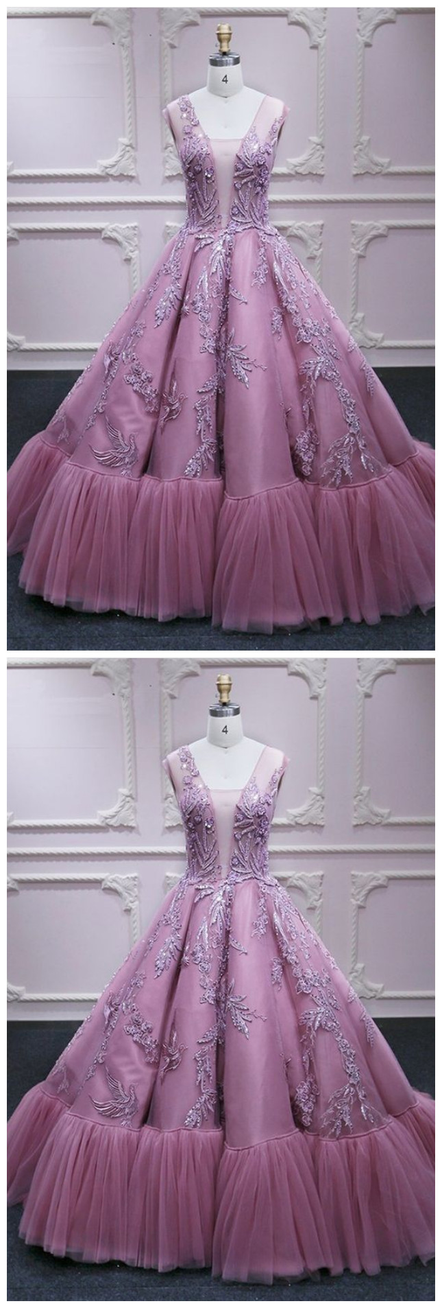 Spring Pink Tulle V Neck Lace Appliqué Long Formal Dress, Long Senior Prom Dress