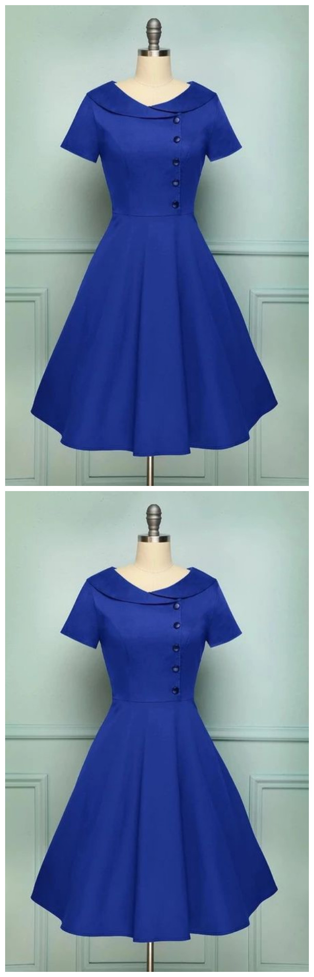 Blue Collared A Line Vintage Button Dress With Sleeves, Short Homecoming Dress