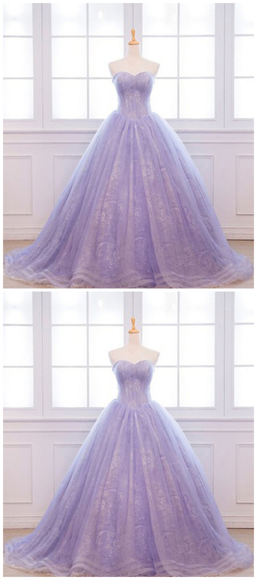 Unique Lavender Lace Long Puffy Evening Dress, Long Customize Prom Dress