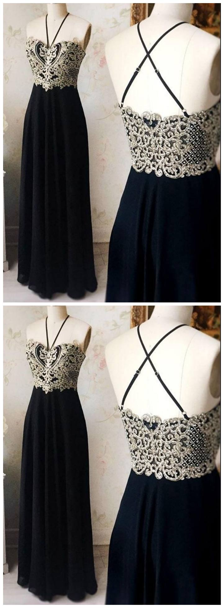 Black Chiffon Lace Long Prom Dress, Black Evening Dress