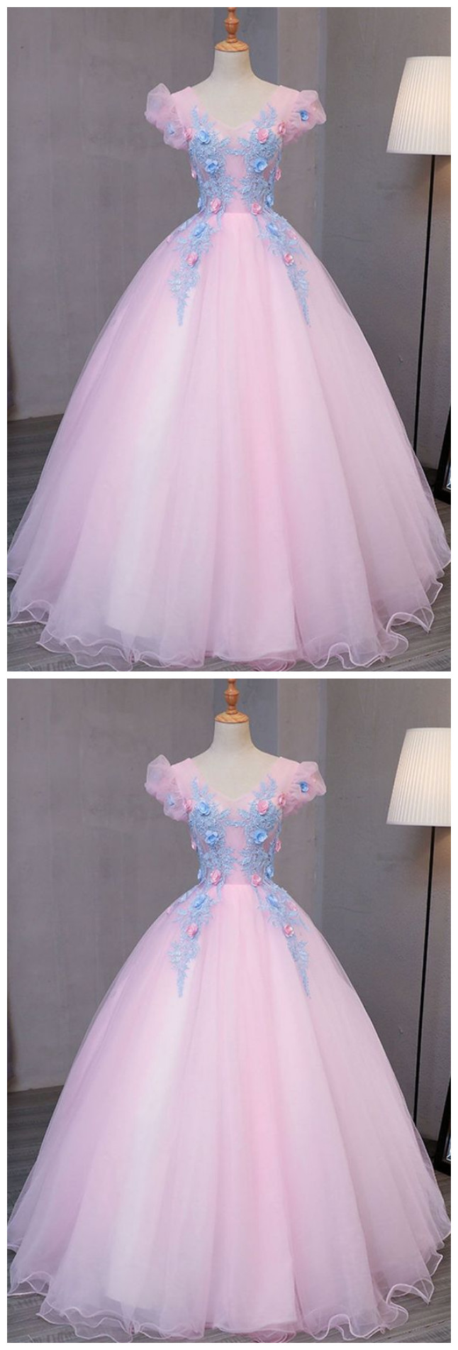 Special Pink Tulle V Neck Long Prom Gown With Blue Flower Lace Appliqués
