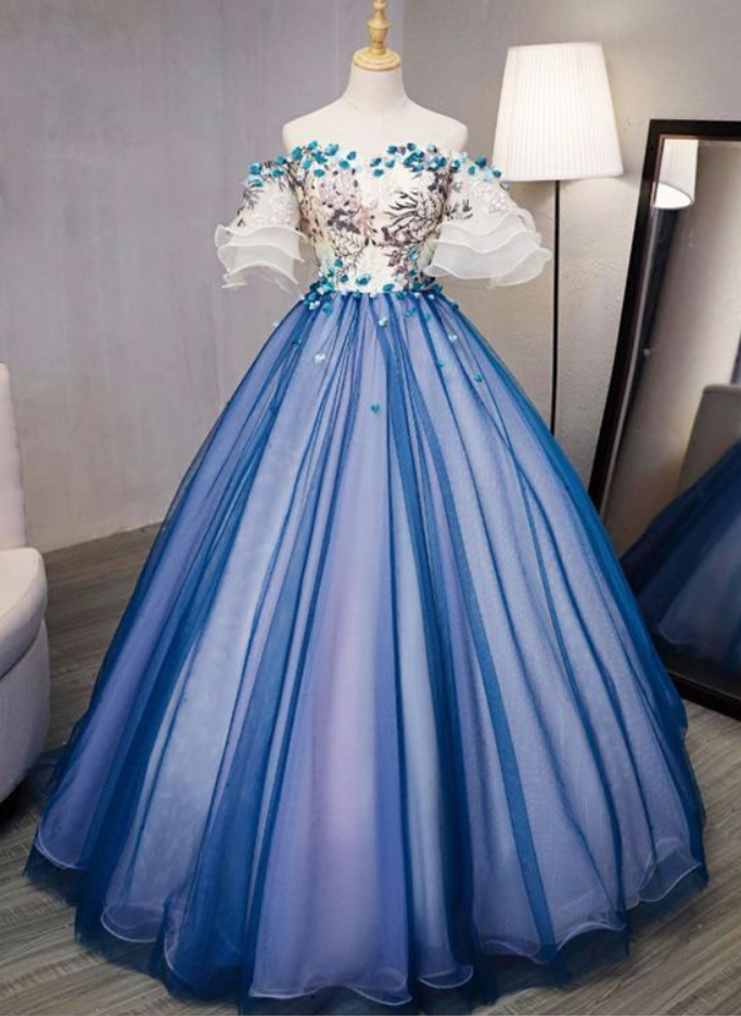 Ball Gown Prom Dresses Royal Blue And Ivory Hand-made Flower Prom Dress/evening