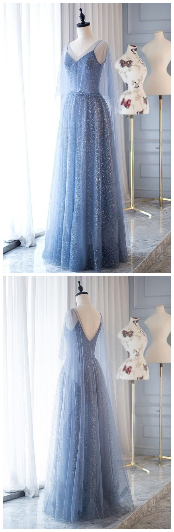 Blue Tulle Long Prom Dress, Blue Tulle Evening