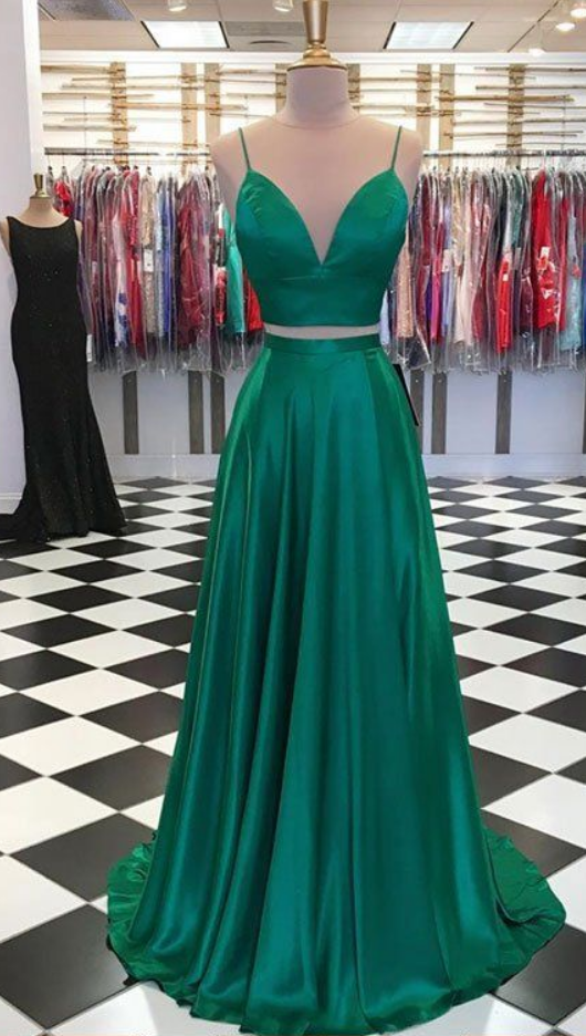 Green V Neck Satin Long Prom Dress, Two Pieces Evening Dress