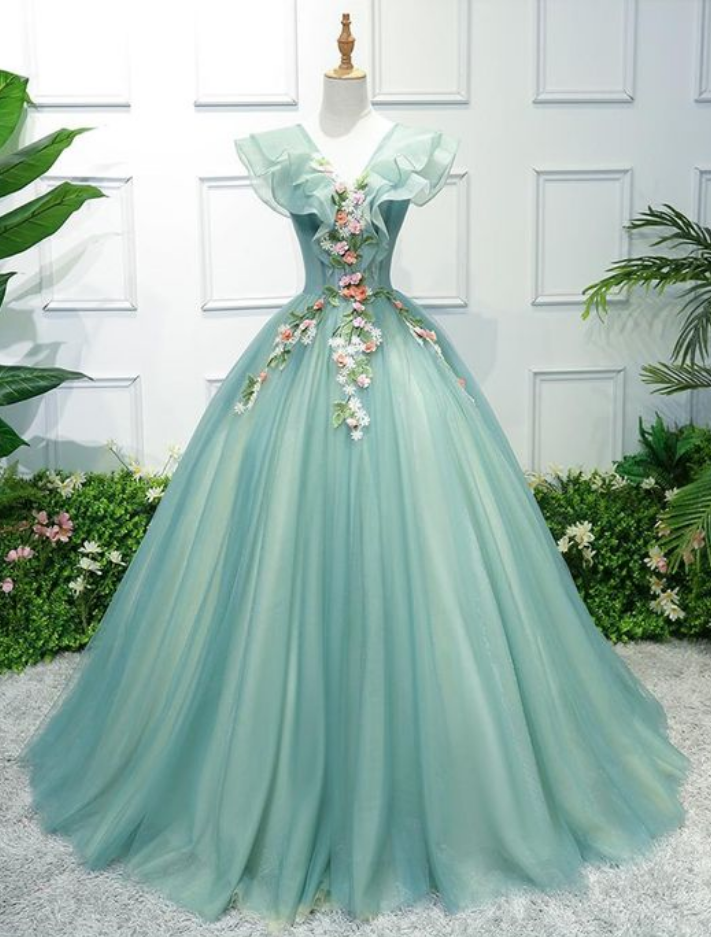 Outlet Fetching Long Prom Dresses, Green V Neck Tulle Long Prom Dress, Green V-neck Applique Evening Dress,high Quality Ball Gown