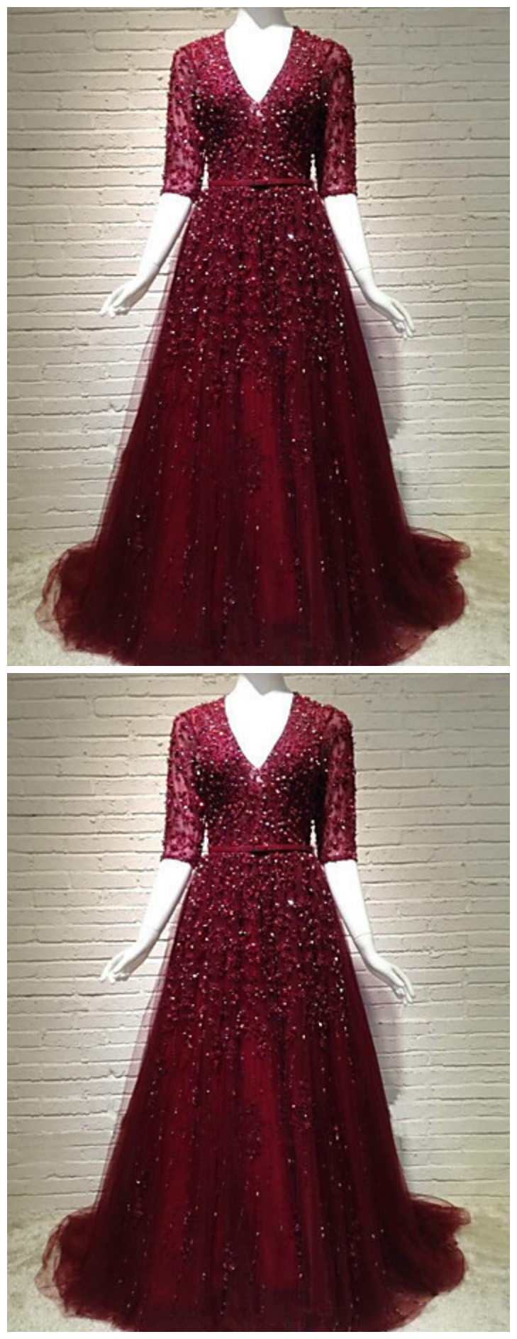 Burgundy Prom Dress, Sparkly Prom Dress, Beaded Prom Dress, Elegant Prom Dress, V Neck Prom Dress