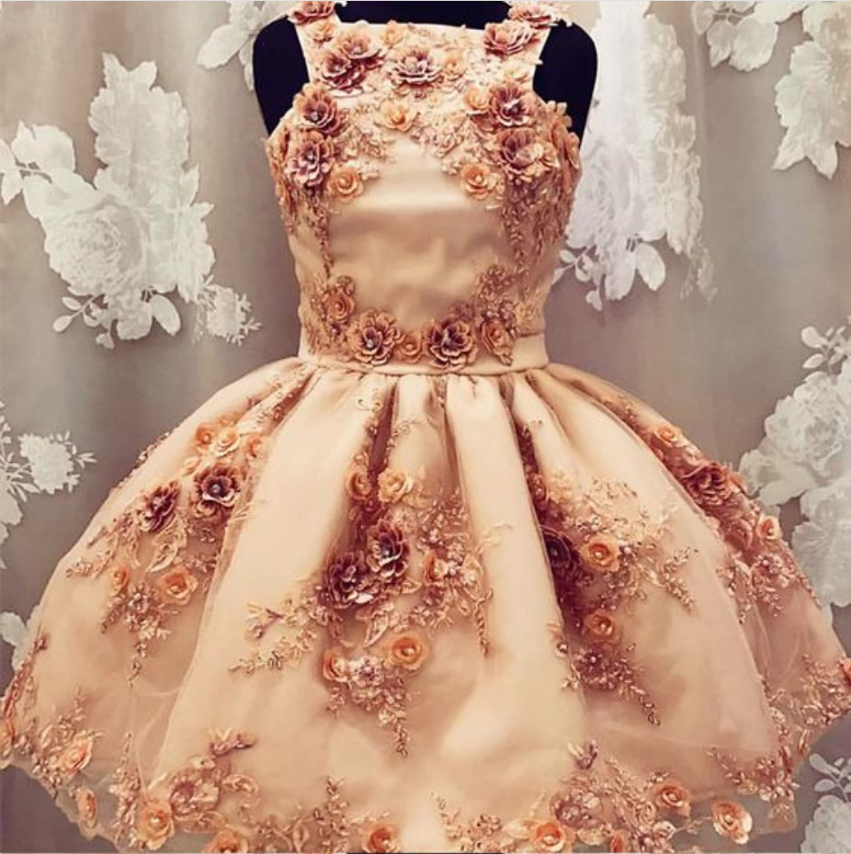 A-line Square Neck Champagne Tulle Short Prom Dress With Flowers