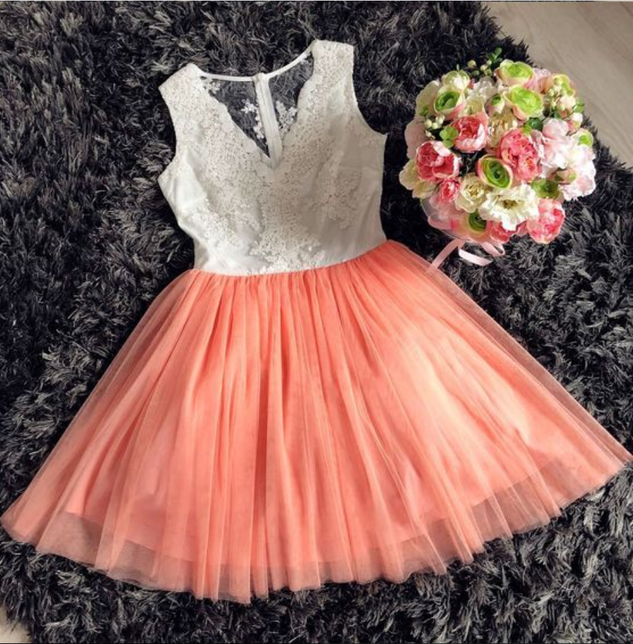 Illusion Back V-neck Coral Short Homecoming Dress With Lace