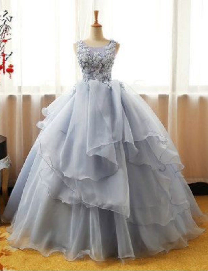 Gray Round Neck Lace Tulle Long Prom Dress, Ball Gown