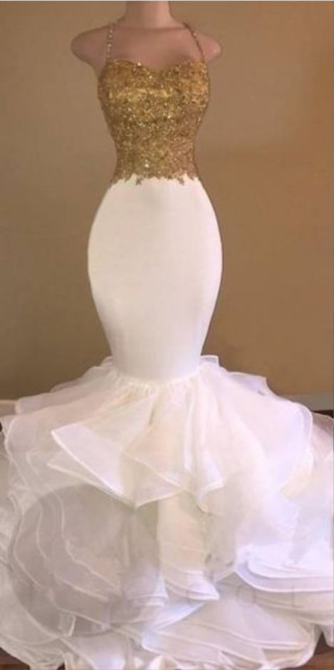 White And Gold Mermaid Prom Dresses 2018 Organza Appliques Beaded Ruffle Evening | Dress