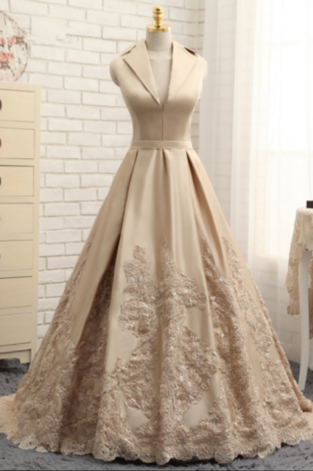 A Line V Neck Hand Made Flower Satin Sleeveless Prom Dresses LBQ3356