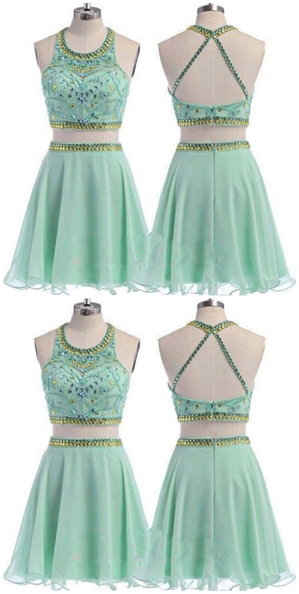 Homecoming Dress,cute Mint Green Two Piece Prom Dresses ,a-line Chiffon  Halter Prom Dresses, Sleeveless Backless Beaded Short Prom Dresses