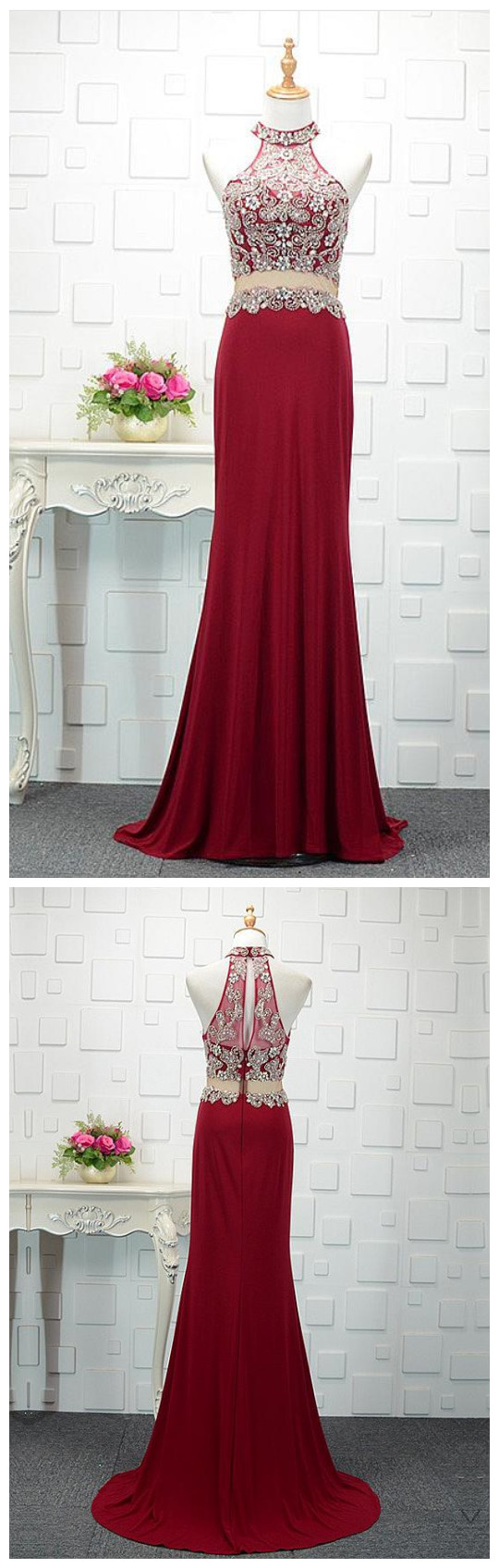 Red Newest Tulle & Spandex High Collar Mermaid Evening Dresses With Beadings