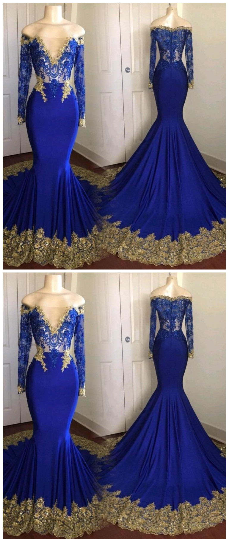 Royal Blue Long Sleeve Mermaid Prom Dresses Off The Shoulder Lace Appliques Court Train Party Dress Gowns