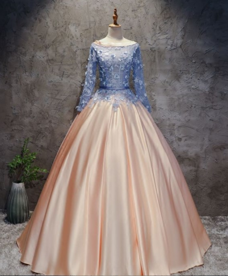 Chic A-line Ball Gowns Pink Blue Satin Applique Long Sleeve Prom Dress Evening Gowns , Evening Dress Featuring Choker Necklace, Long Prom Dress,