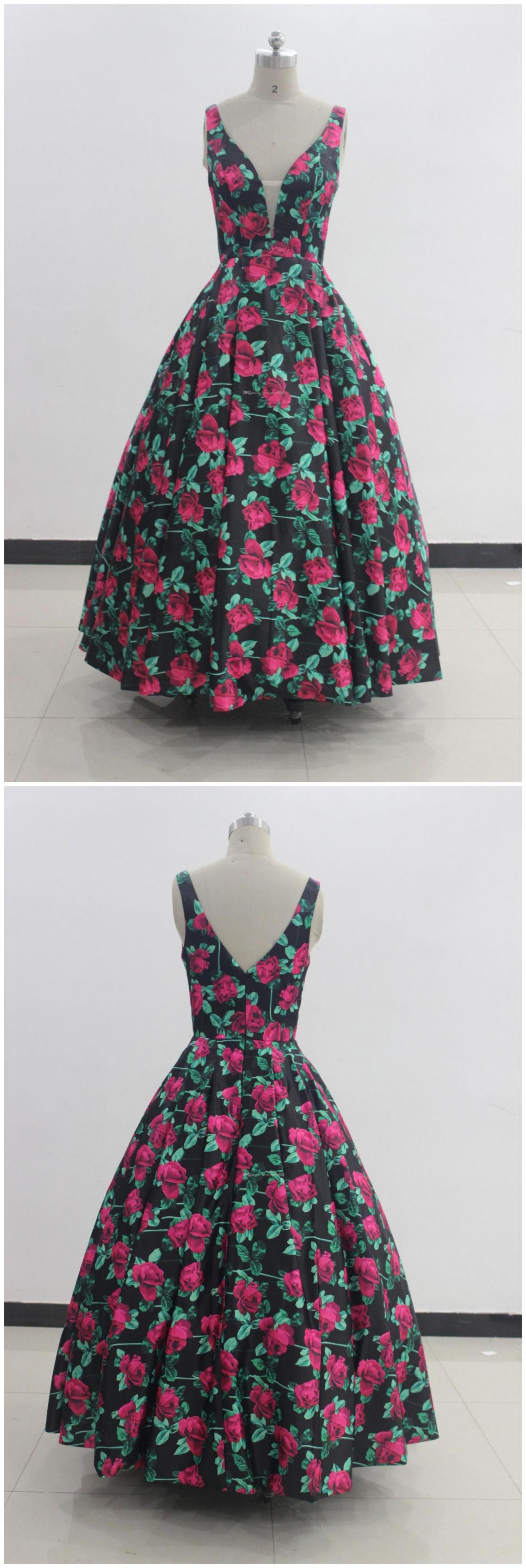 Floral Print Prom Dress V Neck Open Back Sleeveless Ball Gown Evening Dress