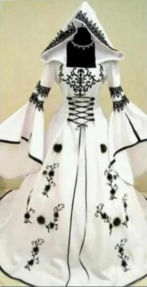 2018 Custom A-line Black Lace Embroidery White Satin Gothic Wedding Dresses With Hat Bridal Gowns Flowers Adorned Vestidos De Mariee