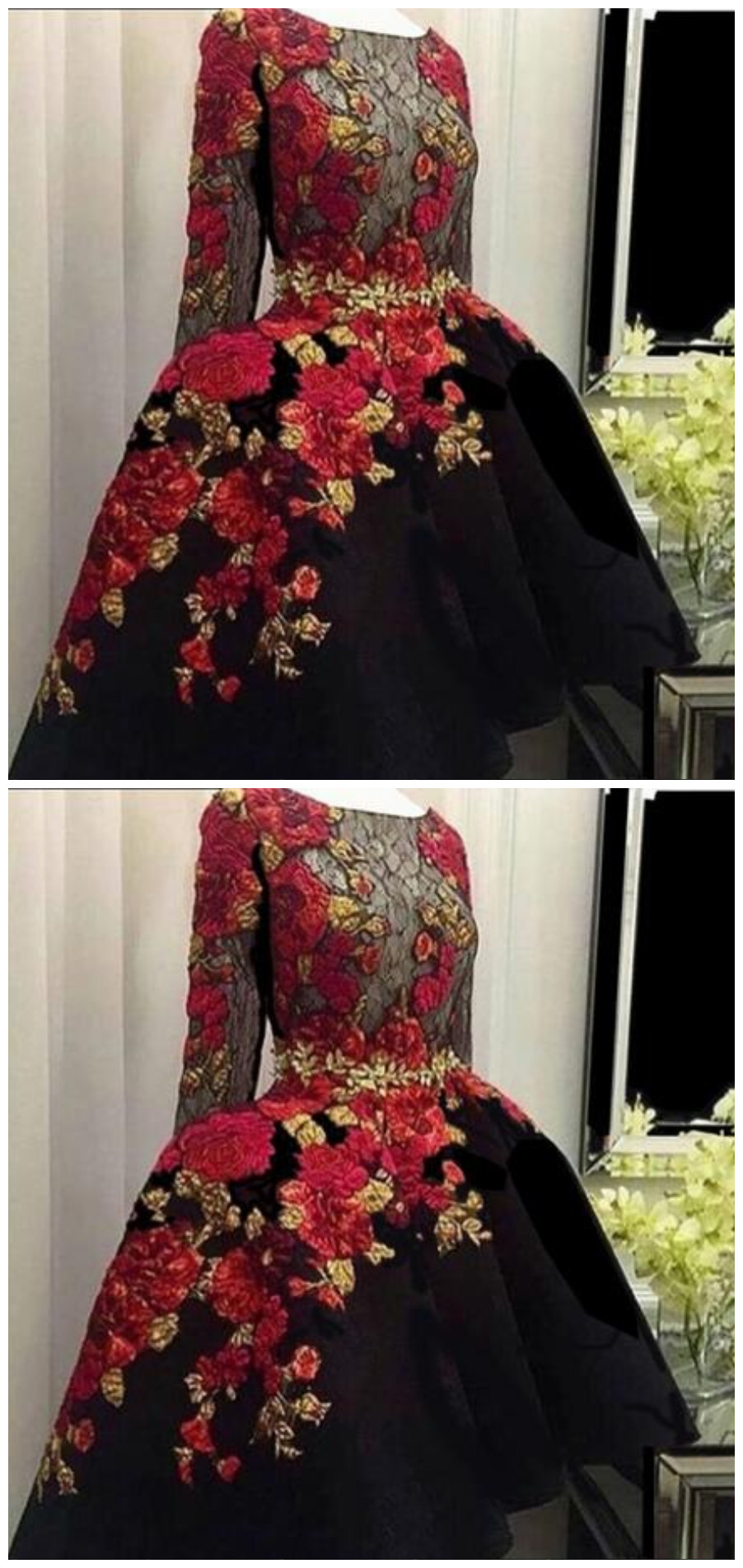 Charming Black Embroidery Lace Long Sleeve Prom Dresses 2018 Applique Satin Hi Lo Sheer See Through Custom Made Evening Dress