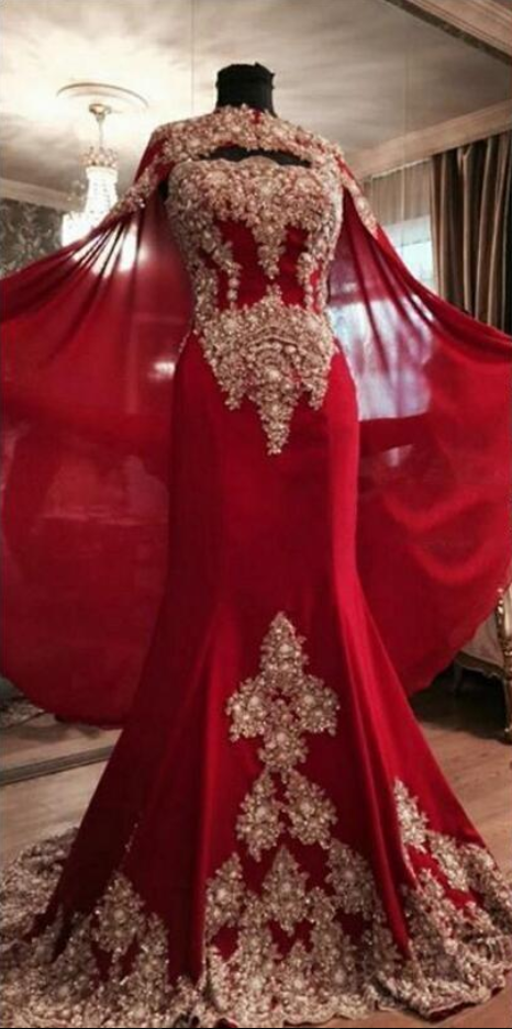 Luxurious Lace Red Arabic Dubai India Evening Dresses Sweetheart Beaded Mermaid Chiffon Prom Dresses With A Cloak Formal Party Gowns