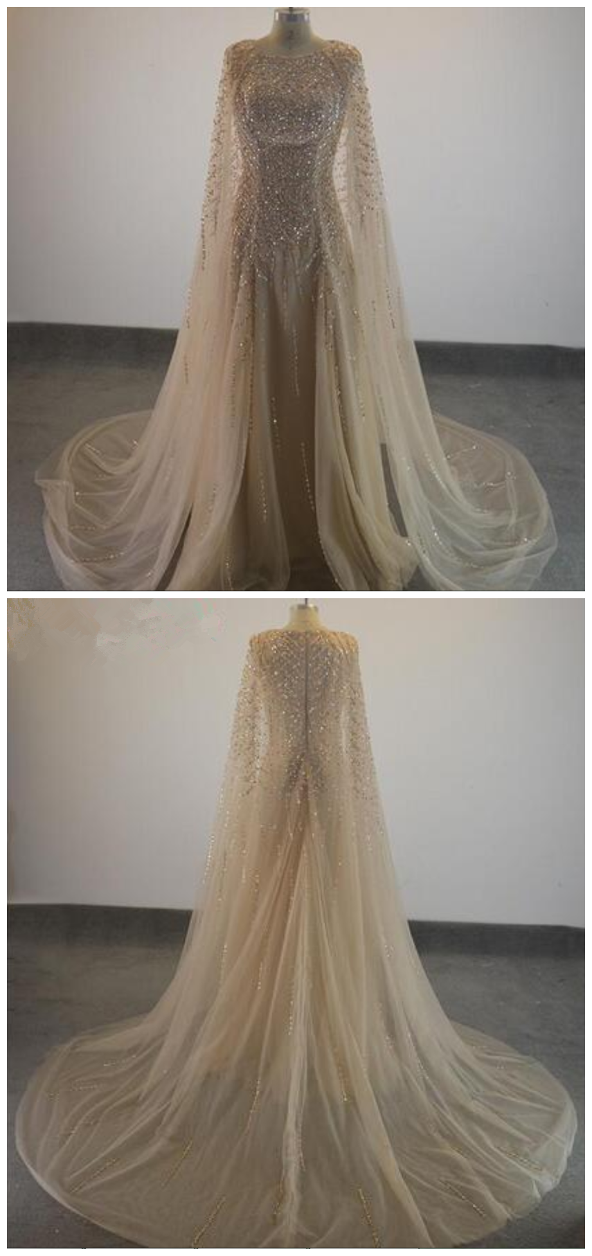 Elegant Formal Evening Dresses 2018 Champagne Tulle Cape Ruffles Real Photo Show Long Sheer Prom Party Gowns Evening Wear Dress