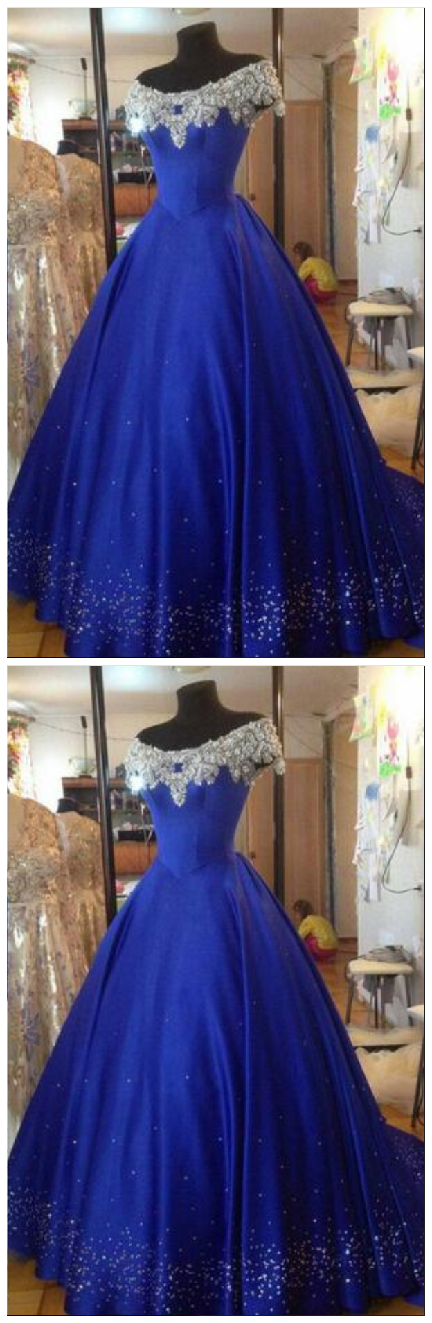 Cinderella Ball Gown Quinceanera Dresses Debutante Crystal Puffy 2017 Prom Gowns Royal Blue Beads Masquerade Pageant Dress