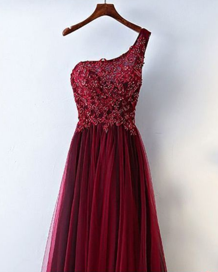 Burgundy One Shoulder Long Tulle Prom Party Dress