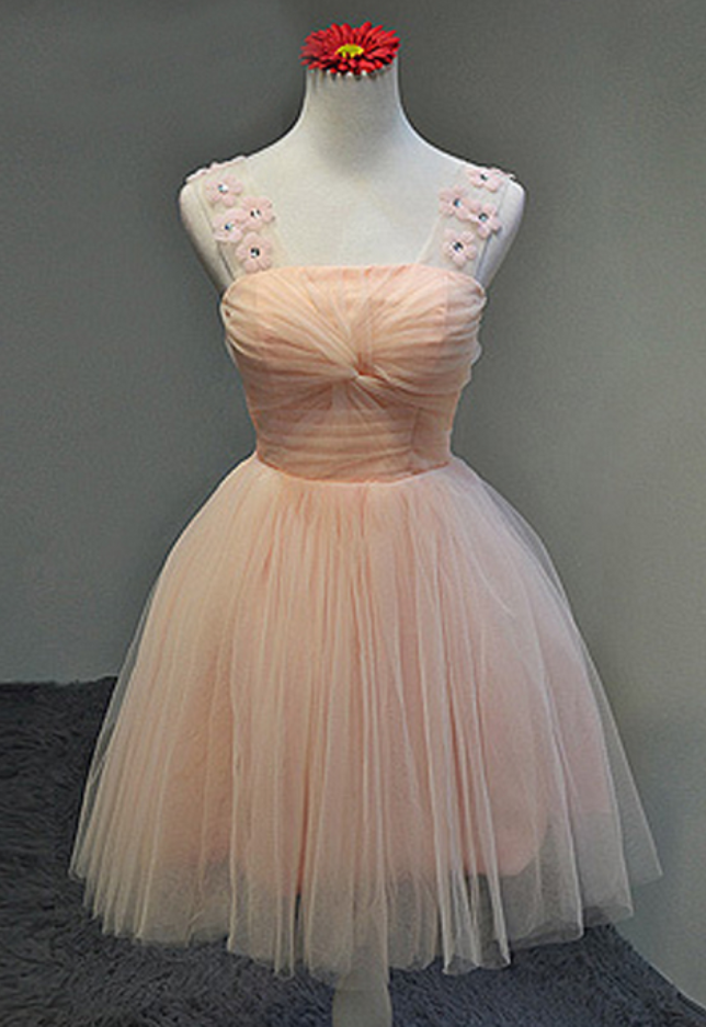 Straps Pink Cute Homecoming Dress Tulle Short Prom Dress Bridesmaid Dresses