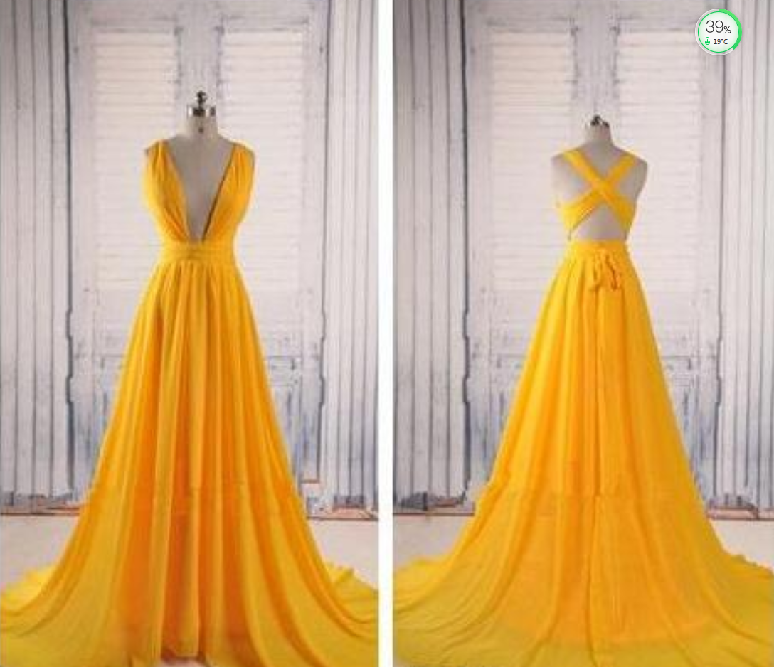 Simple Yellow A Line Chiffon Prom Dresses 2017 Backless V Neck Criss Cross Floor Length Long Formal Evening Gown Party Dresses