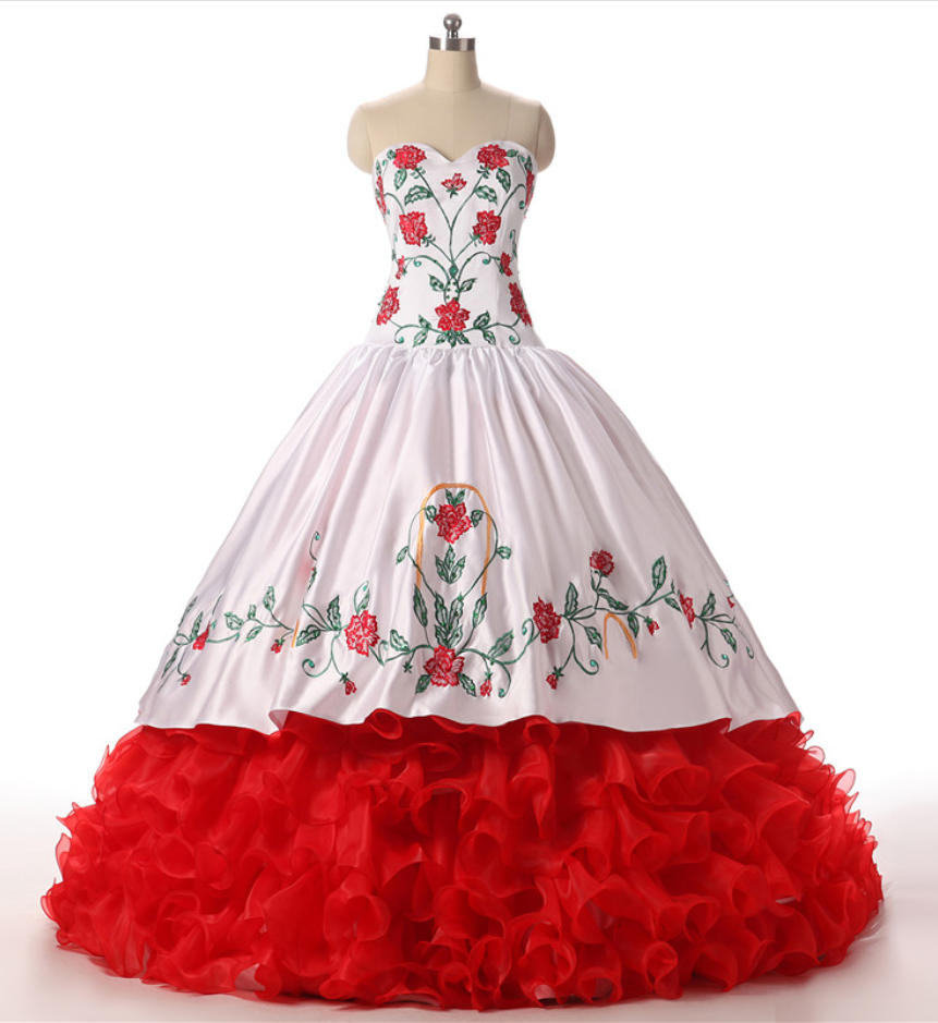 Vintage Quinceanera Dresses Prom Dress 2017 Ball Gown Red White Embroidery Ruffles Vestidos De 15 Anos Sweet 16 Dress Prom Debutante Gowns