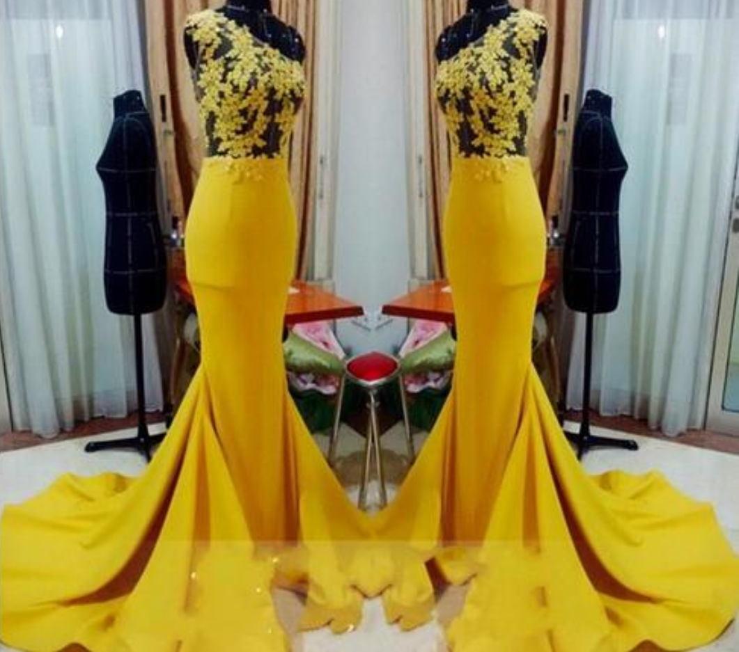 Real Photos Yellow Long Mermaid Prom Dresses 2018 See Through Sheer Lace Top One Shoulder Satin Prom Gowns With Sweep Train