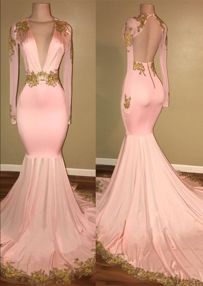 Charming Pink Long Prom Dress, Long Sleeves Party Dress, Mermaid Prom Dress,sexy Backless Evening Dress