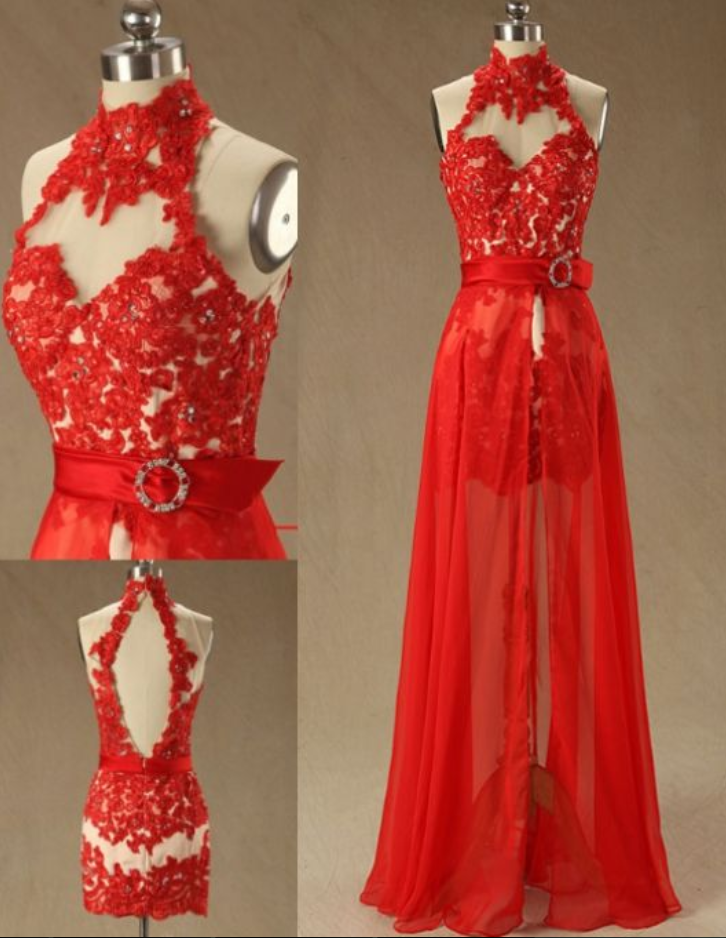 Custom Made Fine Sleeveless Prom Dresses, Red Sleeveless Prom Dresses, Short Homecoming Dresses, Red Mermaid High Neck Lace Beaded Long Prom