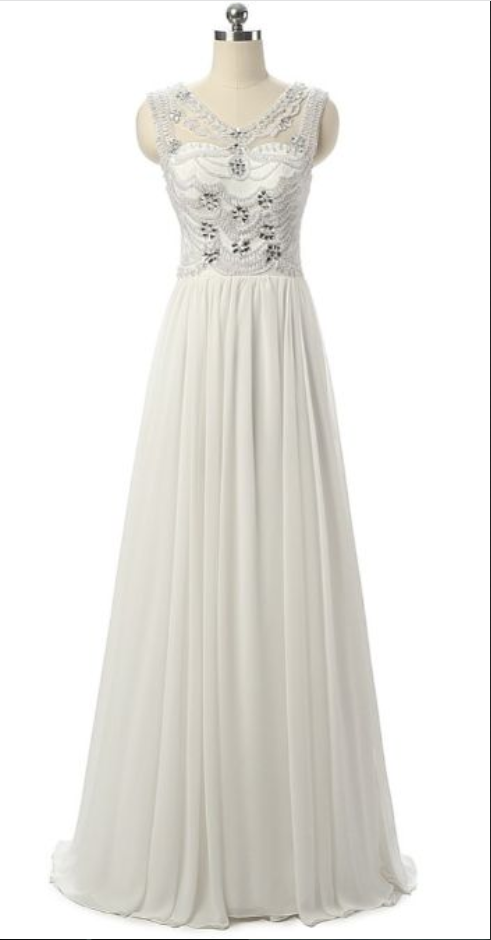 Classy Long Ivory Chiffon Beading Handmade Prom Dresses