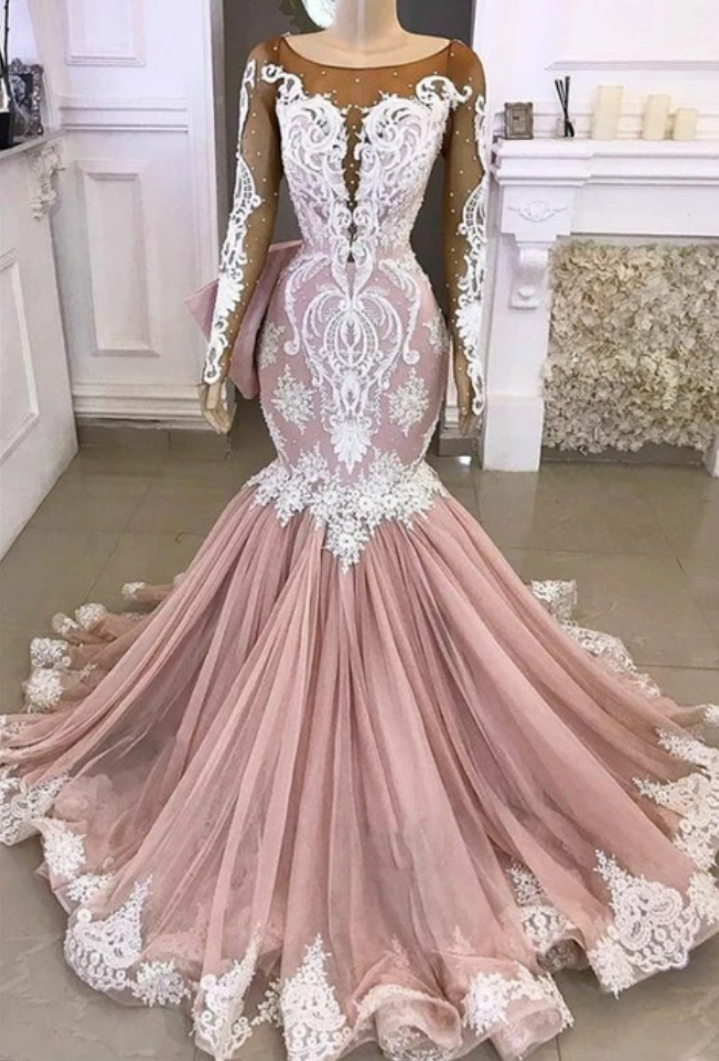 Long Sleeve Mermaid Prom Dresses | Beads Lace Appliques Evening Gowns