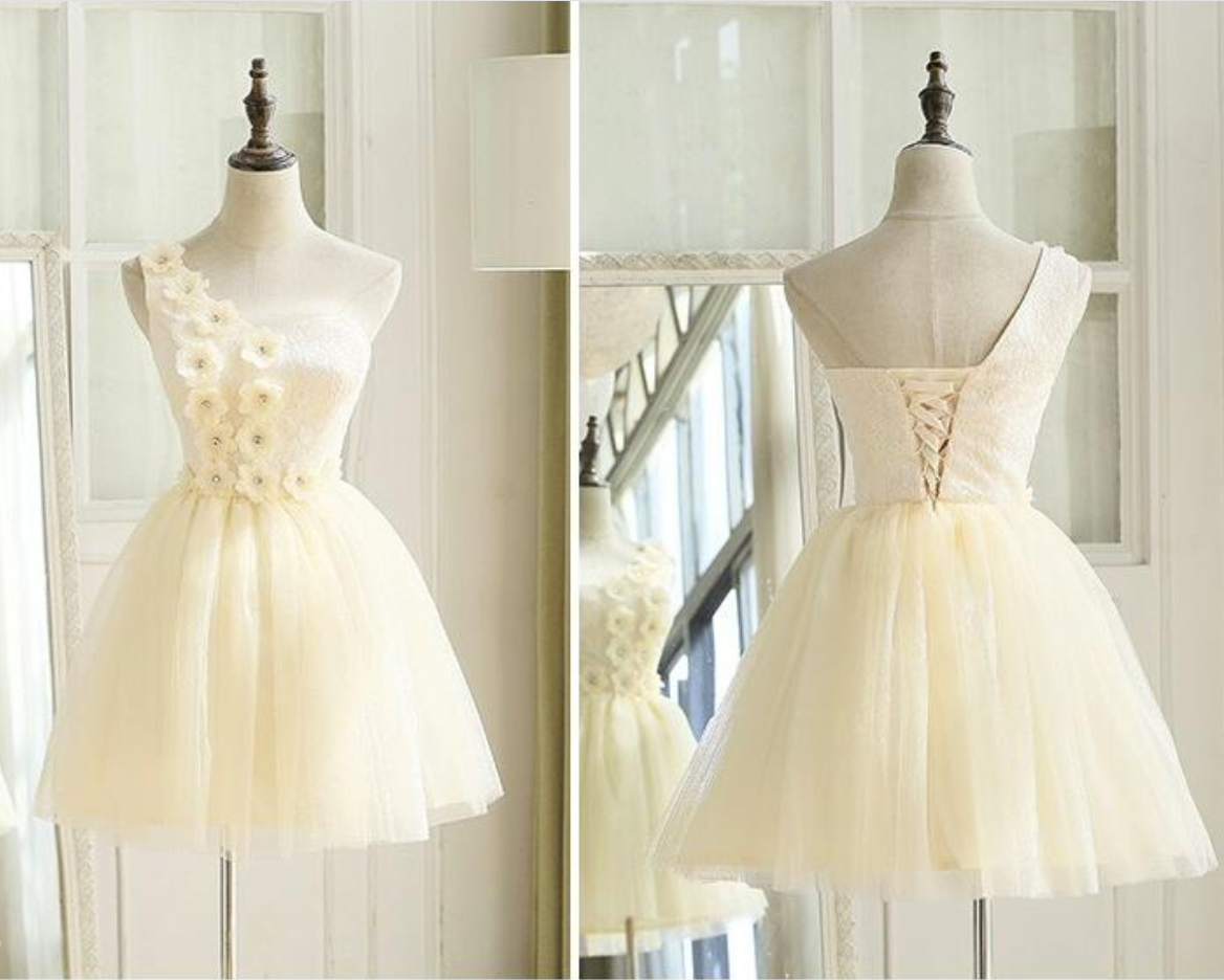 Cute Ivory Tulle, One Shoulder ,party Dress With Flowers, Cute Formal Dress, Teen Girls Dresses,short Evening Dresses, Fashion,custom Made