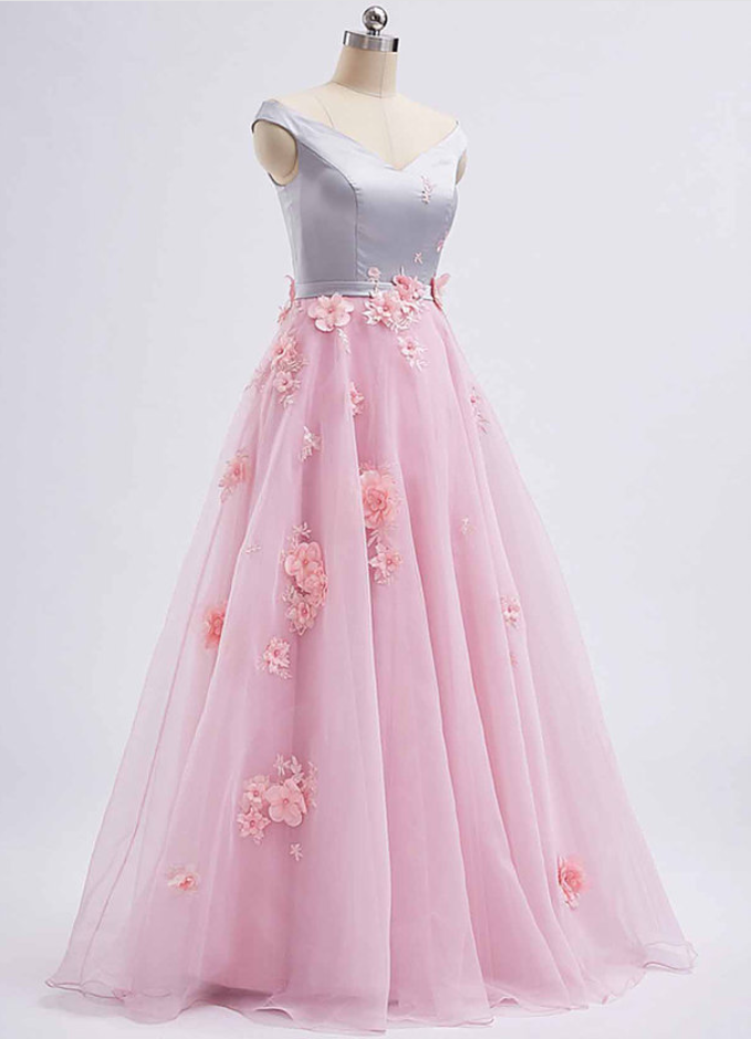 Pink Tulle V Neck ,long 3d Lace Appliqué ,spring Prom Dress, Long Graduation Dress, Chic Long Prom Dresses ,2018 Fashion,custom Made