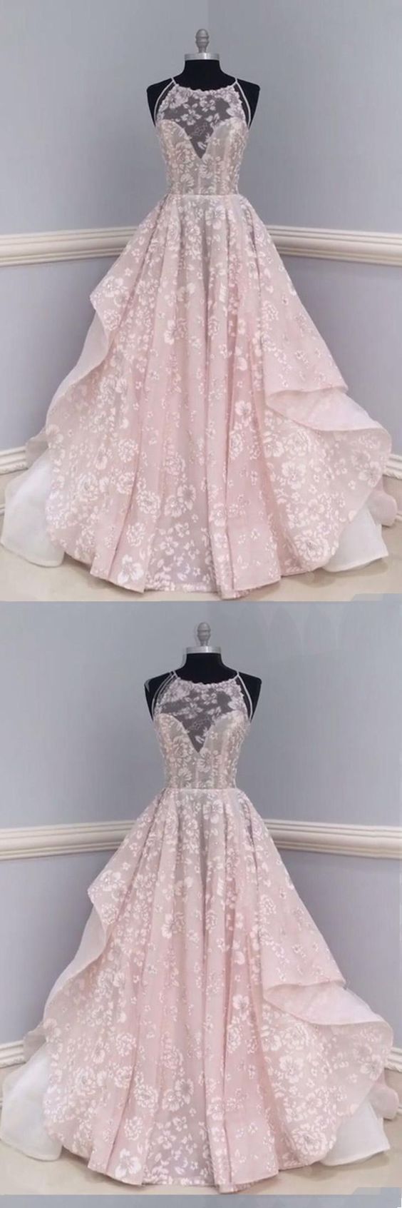 Pink Lace Backless Long Round Neck Customize Formal Prom Dress, Pink Evening Dress ,long Evening Dress,custom Made