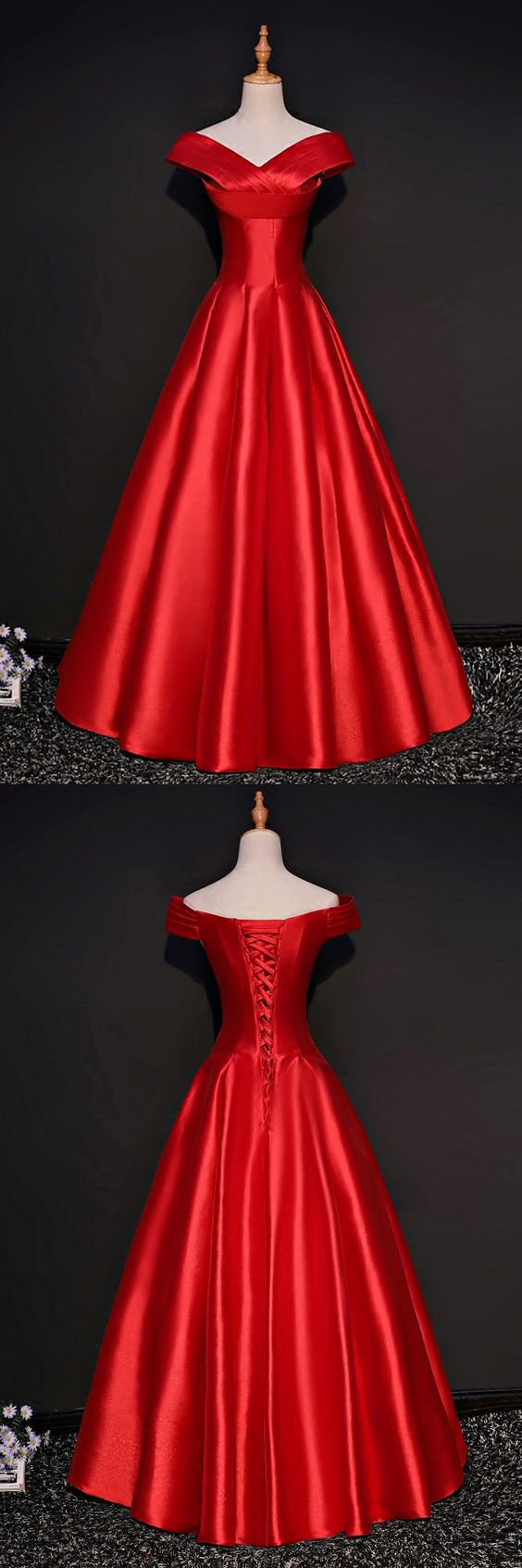 Simple Red Formal Satin Party Dress With Cap Sleeves V-neck Party Dress