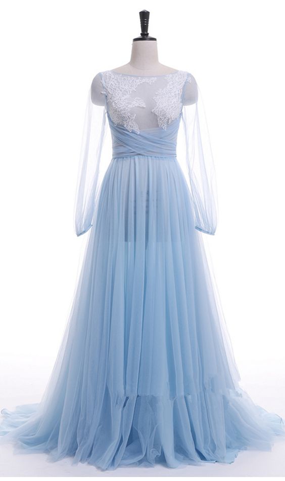 Blue Party Neck Is Very Low, Long Sleeve Evening Dress Open Formal Party Dress