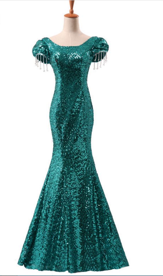 Elegant Party Evening Dresses Long Dress Mermaid Bling Sequin Lace-up Short Sleeve