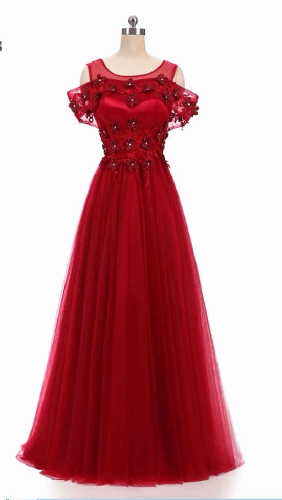 Deep Red Dress High Quality Fabrics Wedding Gown ,appliques Party Dress,3d Flower Applique,floor Length Evening Dress