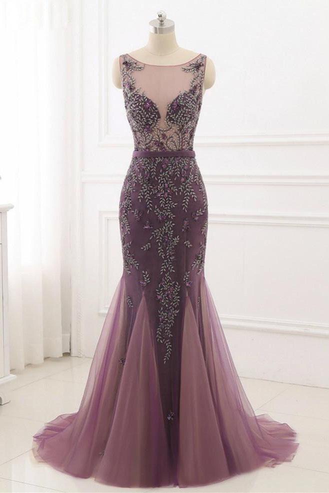 Beading Scoop Evening Dress Mermaid Sweep Train Party Dress Tulle Long Prom Dress