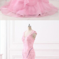 Gorgeous Pink Tulle V Neck Long Mermaid Cap Sleeves Evening Dress, Long Beaded Open Back Formal Prom Dress