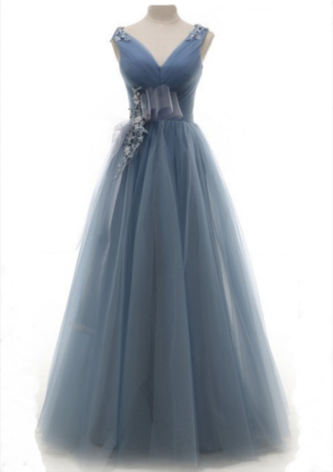 Deep Blue Tulle Long Lace Up Prom Dress, Long Evening Dress