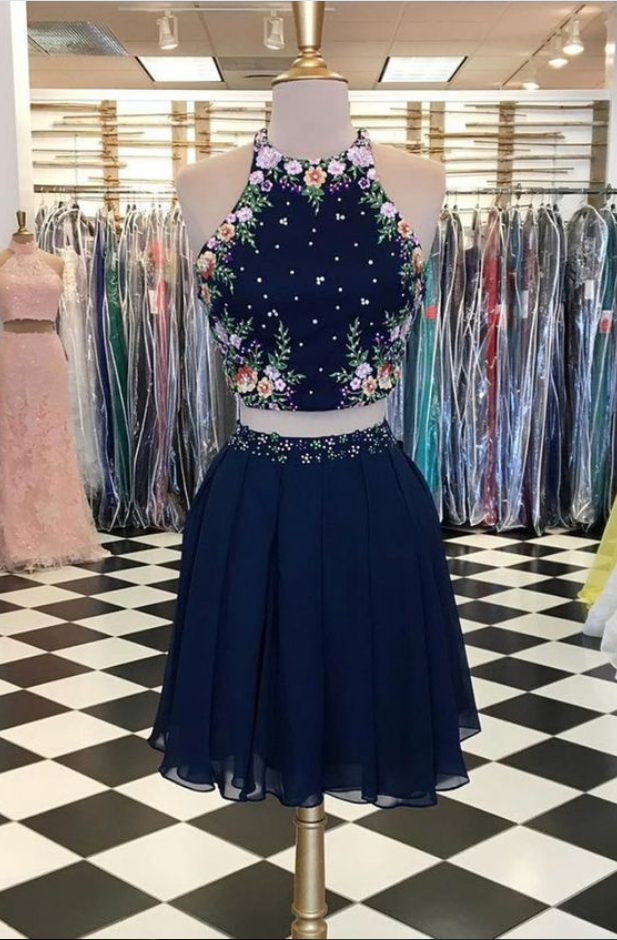 Navy Blue Chiffon Two Pieces Strapless Short Embroidery A Line Prom Dress
