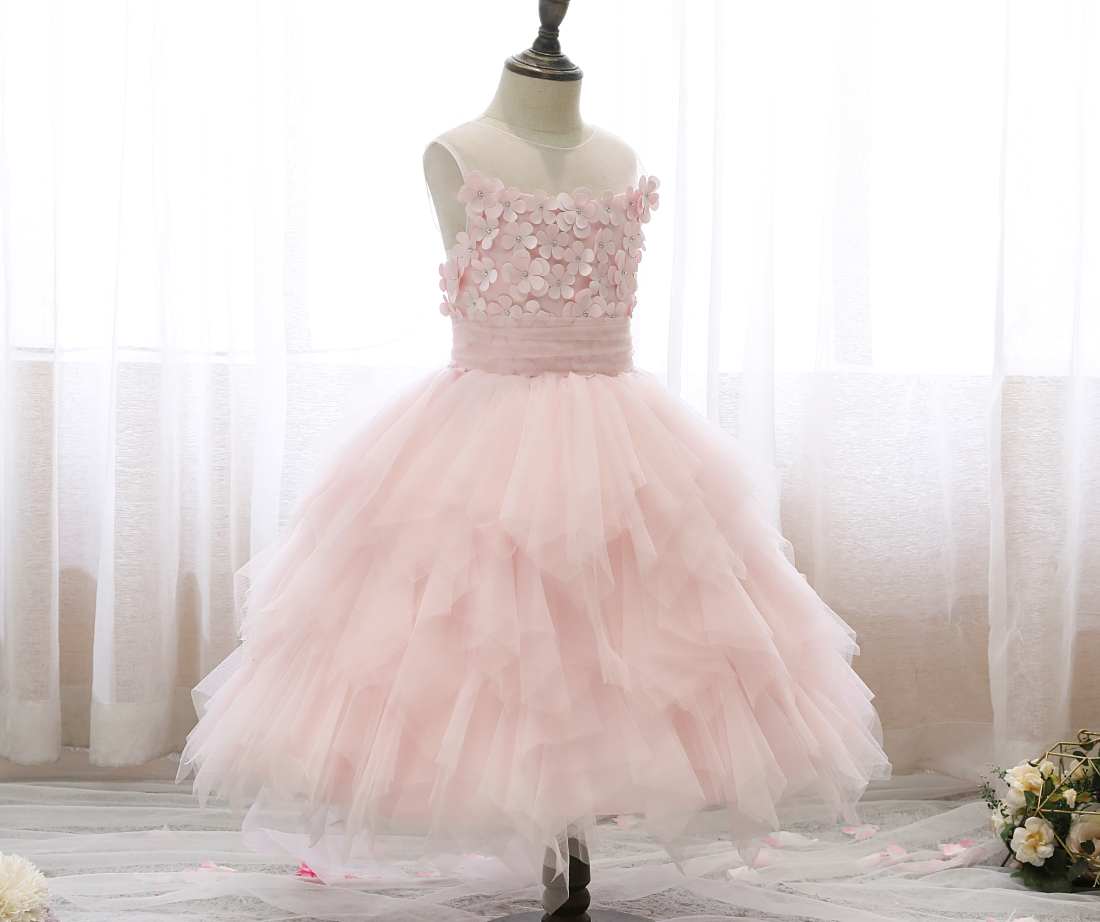 Flower Girl Dresses, Puffy Yarn Princess Dress Wedding Flower Girl Birthday Pink Cake Dress Children Appliqued Sleeveless Dress Elegant Girl