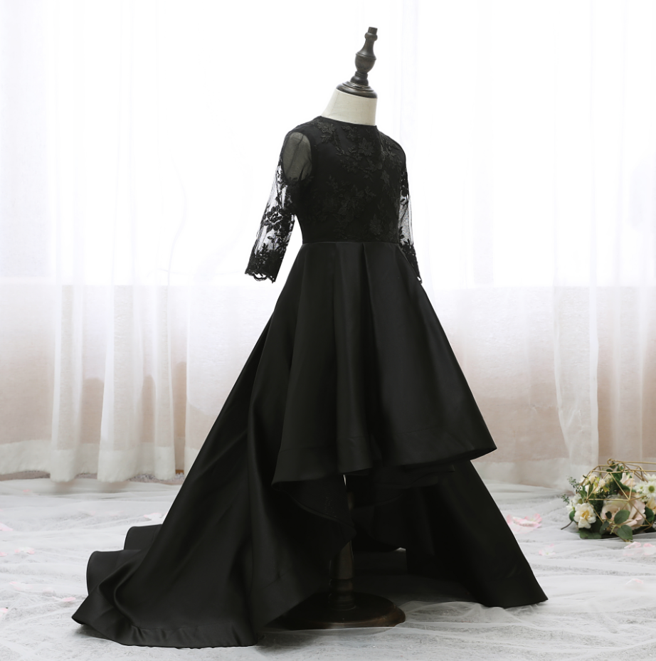 Black Satin Girls Special Occasion Dress With Long Tulle Skirt