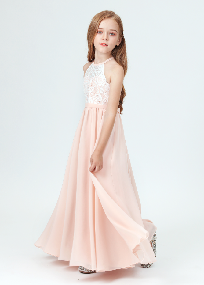 Flower Girl Dresses, Girls Lace Bridesmaid Dresses For Wedding Pleated Floor Length Girl Beach Wedding Guest Party Princess Gowns Long Prom