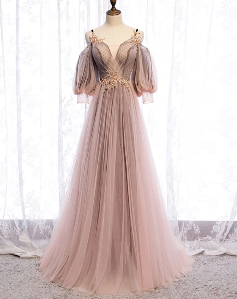 V Neck Tulle Lace Long Prom Dress Tulle Formal Dress